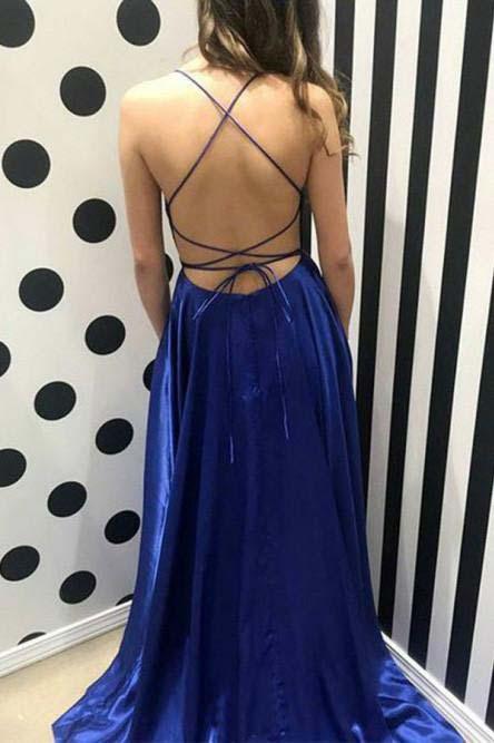 Blue Spaghetti Strap Prom Dress with Side Slit, Sexy Long Senior Prom Dresses