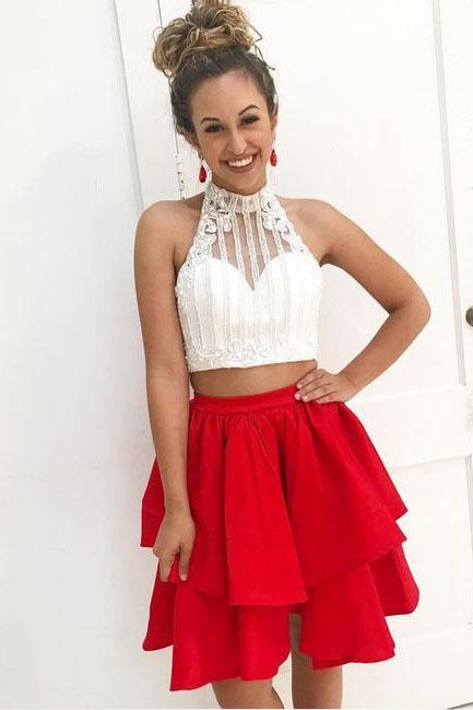 Two Piece High Neck Beads Red Sleeveless Tiered Homecoming Dresses Short Dresses JS868