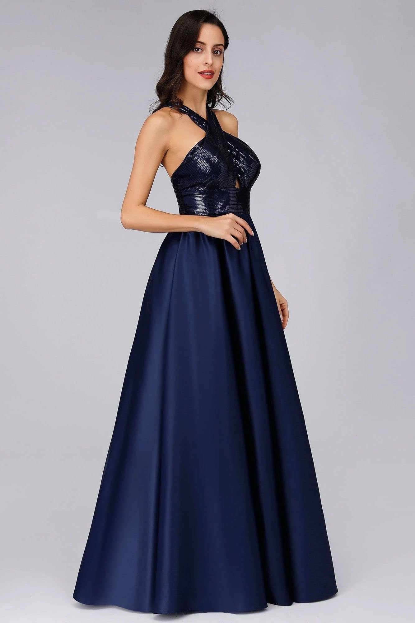 Cold Shoulder Sequin Navy Blue Prom Dresses Backless Satin Long Evening Dresses SRS15132