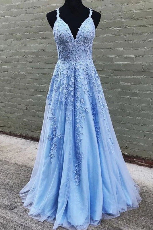 A Line V Neck Long Blue Lace Appliques Prom Dresses, Formal Bridesmaid Dresses SRS15042