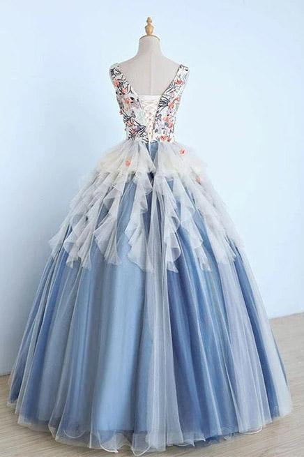 Princess Ball Gown Appliques Blue Tulle Prom Dresses, Sweet 16 Dress, Quinceanera Dress SRS15289