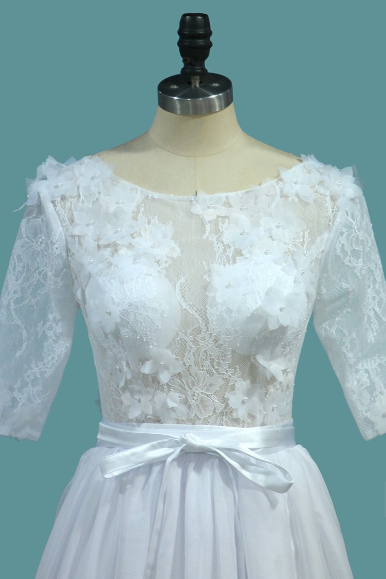 2022 Wedding Dresses A Line Scoop With Sash And Handmade Flower Court Train