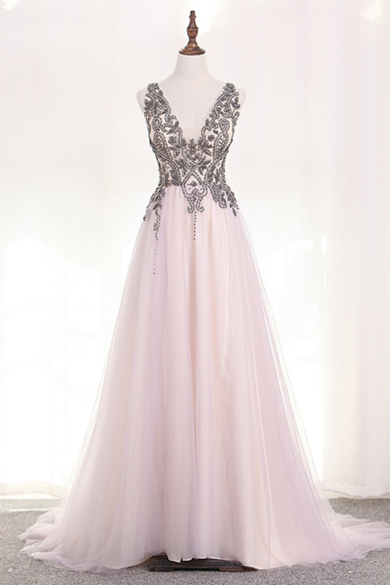 Straps Prom Dresses A Line Tulle With Beading And Slit New Arrival