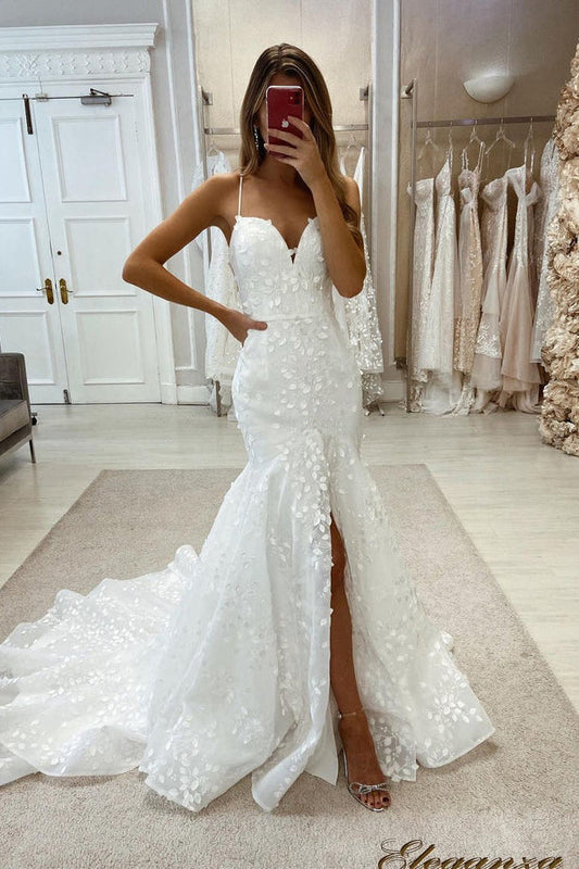 Charming Mermaid Sweetheart Tulle Wedding Dresses with Slit
