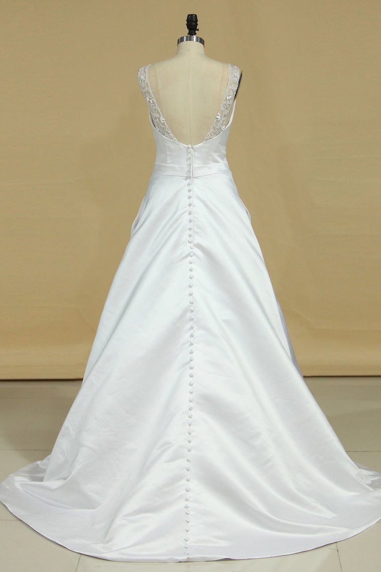 Wedding Dresses A Line Scoop Satin With Beads And Sash