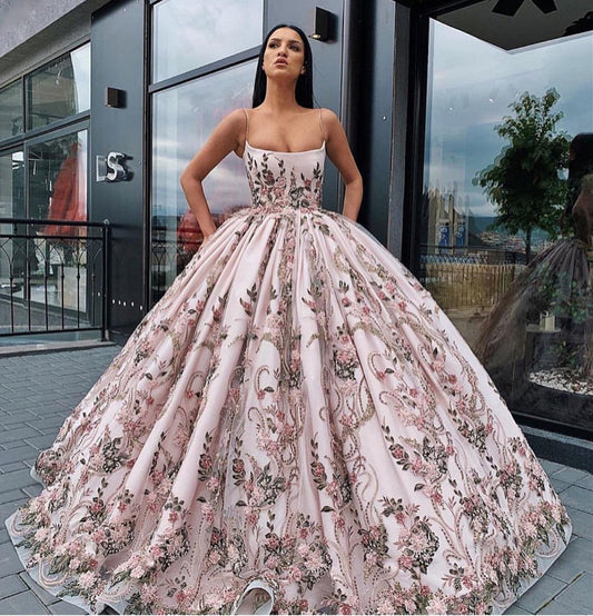 Princess Ball Gown Spaghetti Straps Beads Floral Print Prom Dresses Long Quinceanera Dress SRS15294