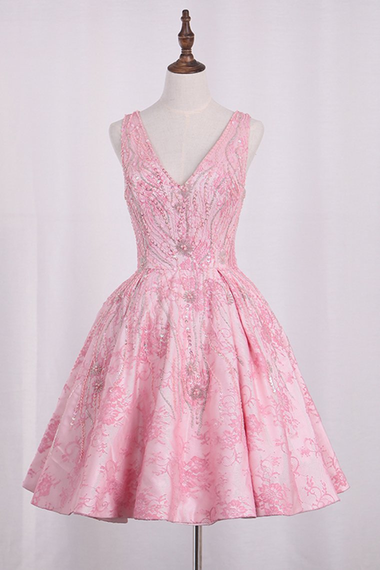V Neck Lace A Line Homecoming Dresses With Beading Above Knee Length