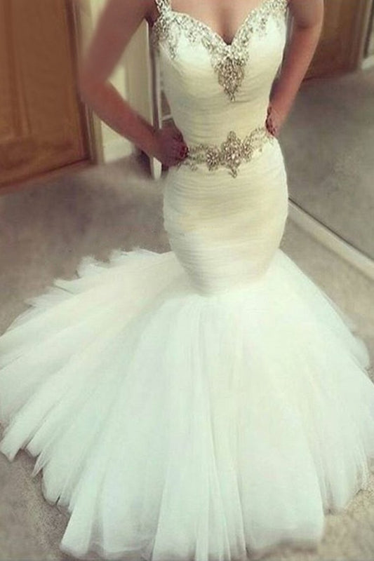 2024 Sweetheart Mermaid Wedding Dresses Straps Beaded Belt Ruffles Tulle