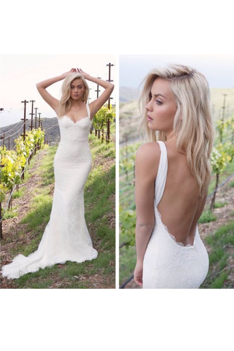 2024 Sexy Open Back Straps Mermaid Lace Sweep Train Wedding Dresses