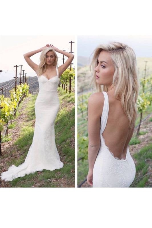 2024 Sexy Open Back Straps Mermaid Lace Sweep Train Wedding Dresses