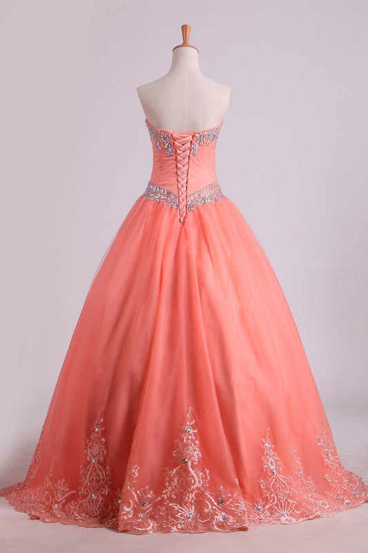 Quinceanera Dresses Ball Gown Strapless Tulle With Applique Floor Length