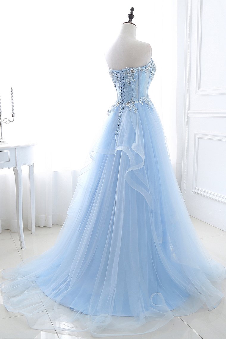 A Line Prom Dresses Sweetheart Tulle With Applique Sweep Train