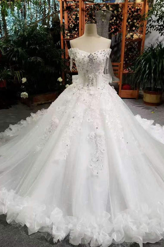 Wedding Dresses Off The Shoulder Ball Gown Tulle Lace Up With Appliques And Bow Knot
