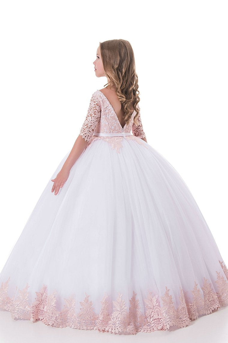 Scoop Ball Gown Mid-Length Sleeves Tulle With Applique Flower Girl Dresses