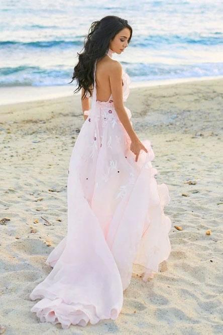 Boho Halter Backless Light Pink Chiffon Beach Wedding Dresses with Appliques Ruffles SRS15082