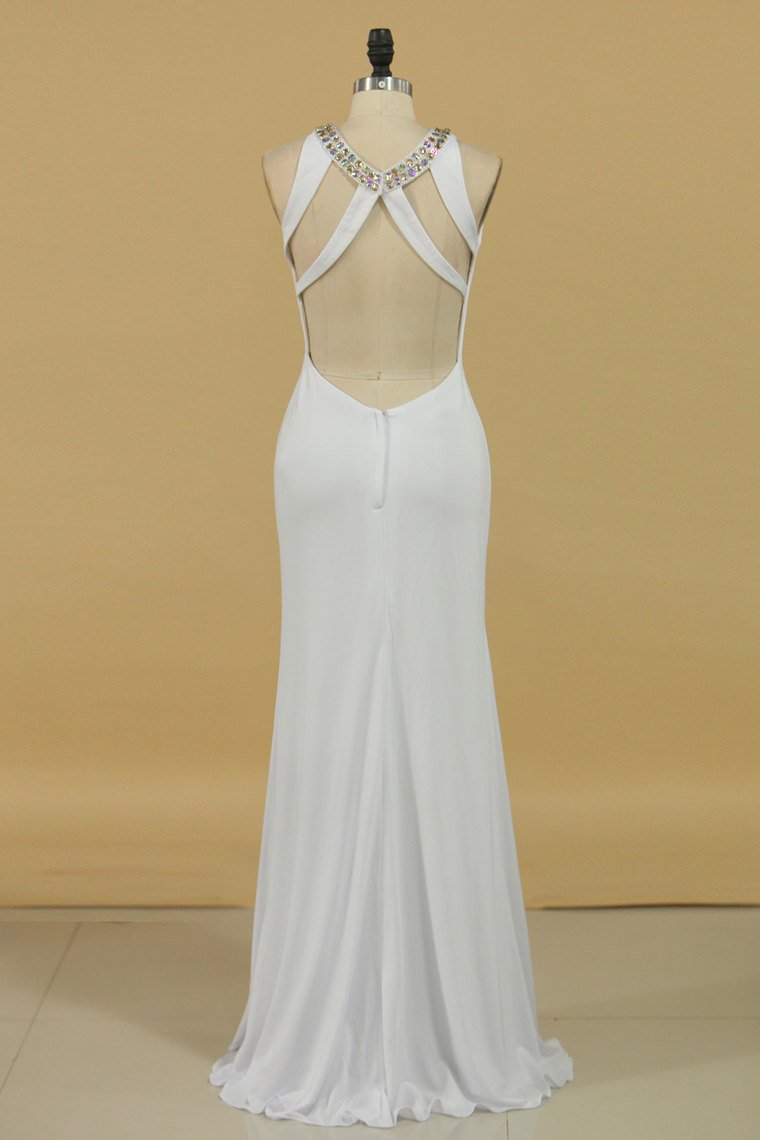 New Arrival Scoop Open Back Prom Dresses With Beads And Slit Spandex Sheath