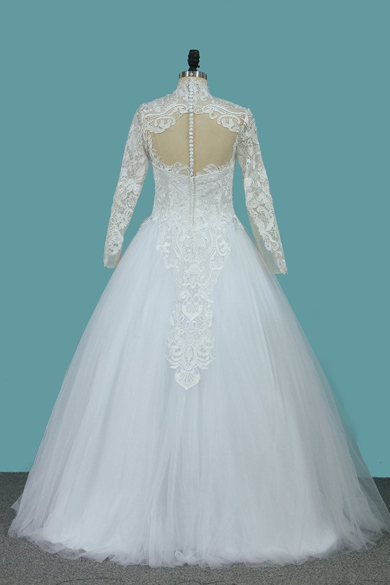 2024 A Line Long Sleeves High Neck Tulle With Applique Chapel Train Detachable Wedding Dresses