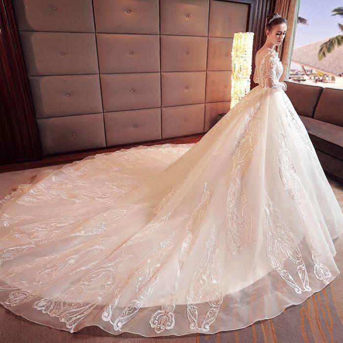 2024 Gorgeous Scoop Lace Appliques Flowers White Organza Long Sleeve Wedding SRS10080
