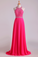 Halter Prom Dresses Beaded Bodice Open Back A Line Chiffon & Tulle Sweep Train