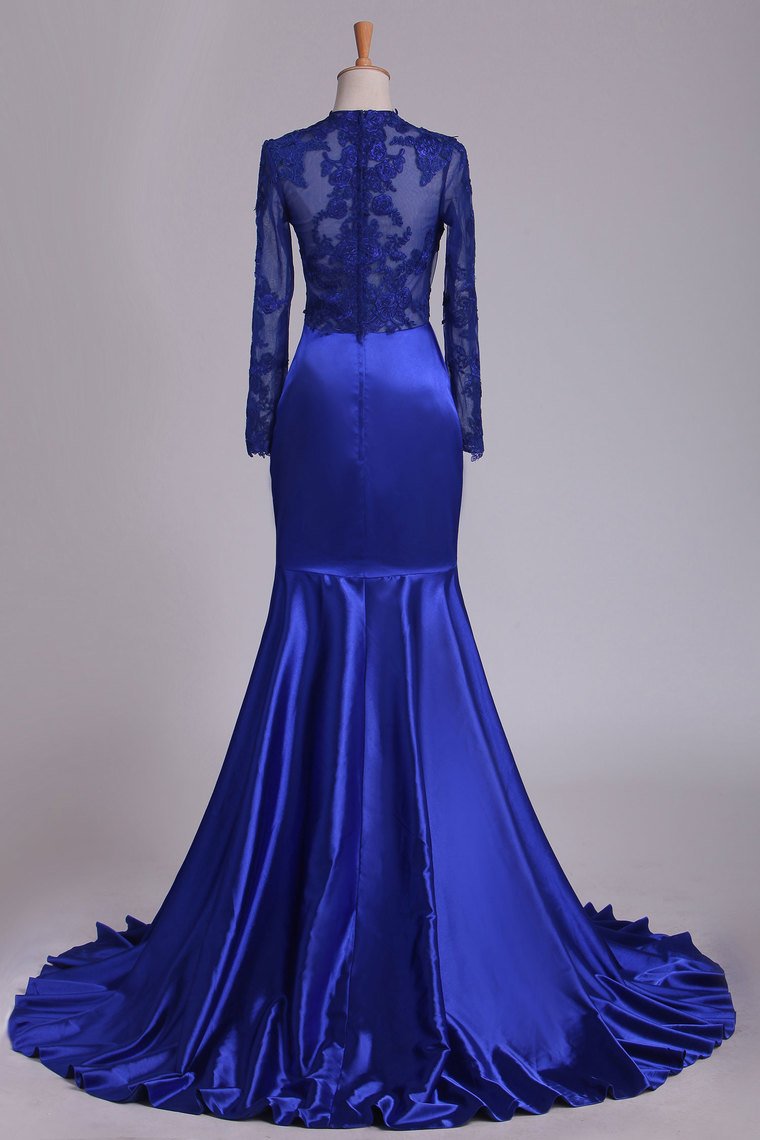 2024 Long Sleeve Evening Dresses Mermaid/Trumpet Elastic Satin With Applique Dark Royal Blue