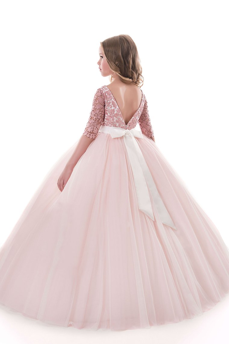 Tulle Scoop Flower Girl Dresses Ball Gown Mid-Length Sleeves With Sash