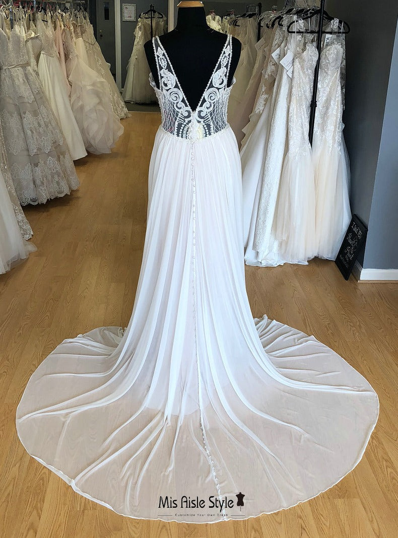 Sexy Sheer A line Beaded Plus Size Wedding Dress