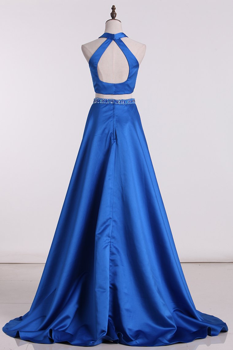 2024 Prom Dresses V Neck Two-Piece Satin With Beading Sheath