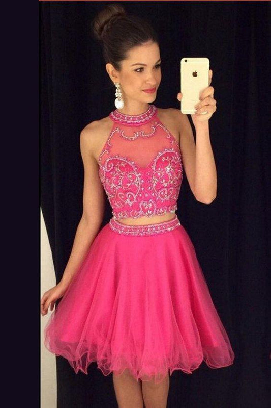 Hot-selling Jewel Short Two Piece Rose Homecoming Dress with Beading JS528