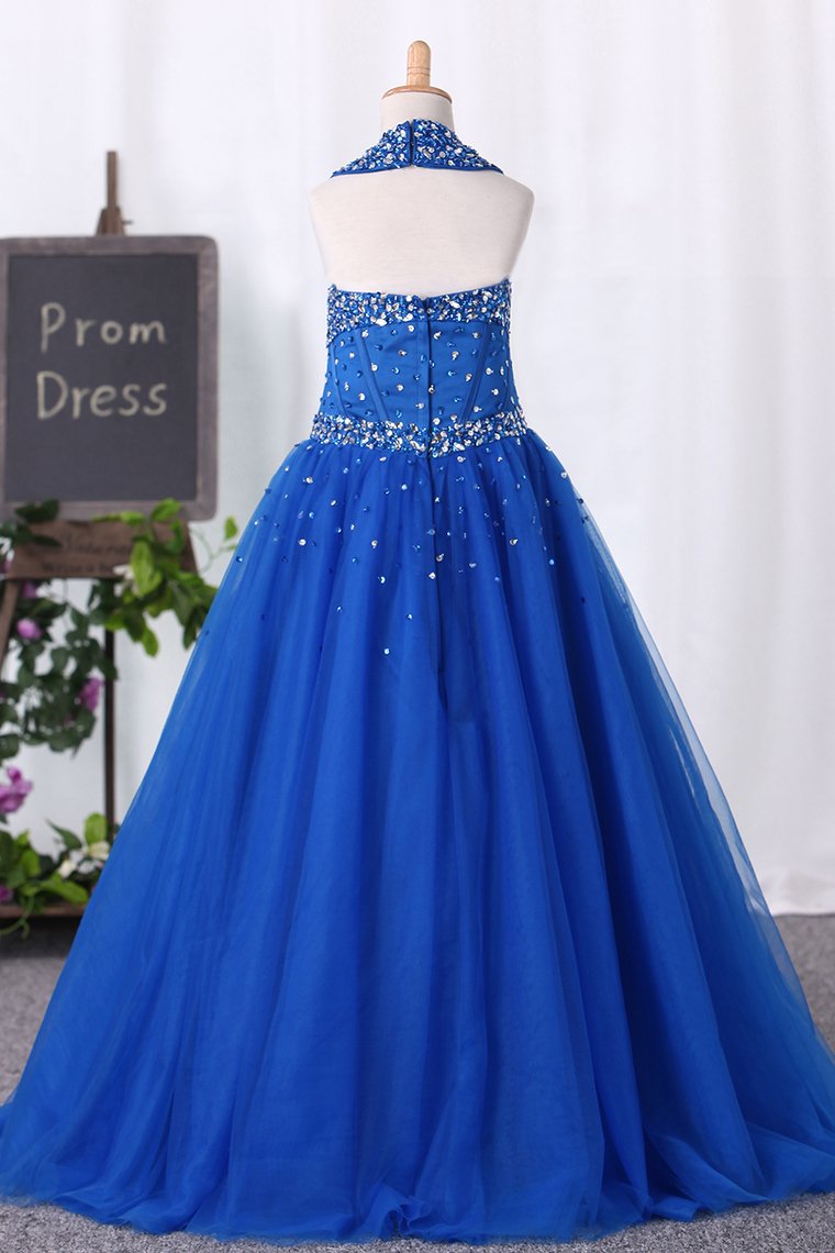 2024 Halter Ball Gown Flower Girl Dresses Dark Royal Blue With Beading