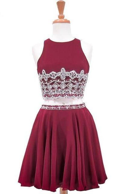 Sweet Party A-Line Scoop Neck Sleeveless Beaded Chiffon Homecoming Dresses Kenley Crystals Burgundy Two Piece Short DG10031