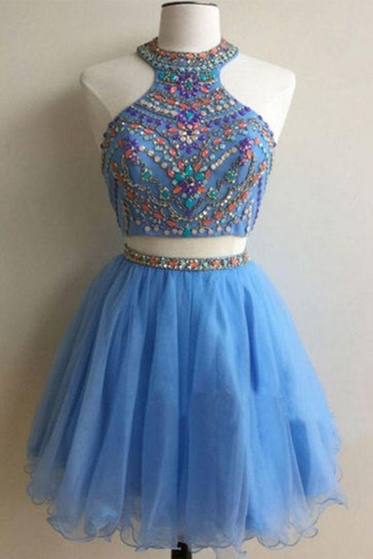 Light Blue Two Pieces Homecoming Dresses Patsy Organza Beading Sequins A-Line Short For Teens Party Dresses DG10497