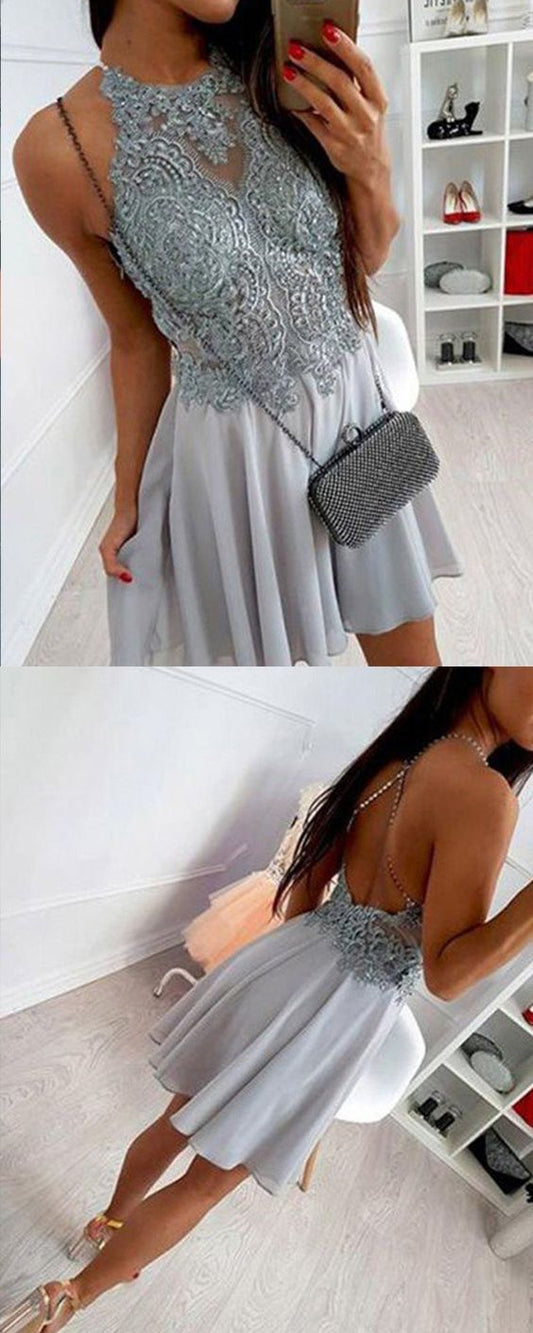 Appliqued Bodice Short Macy Homecoming Dresses Lace Chiffon Grey Formal Dresses CD1050