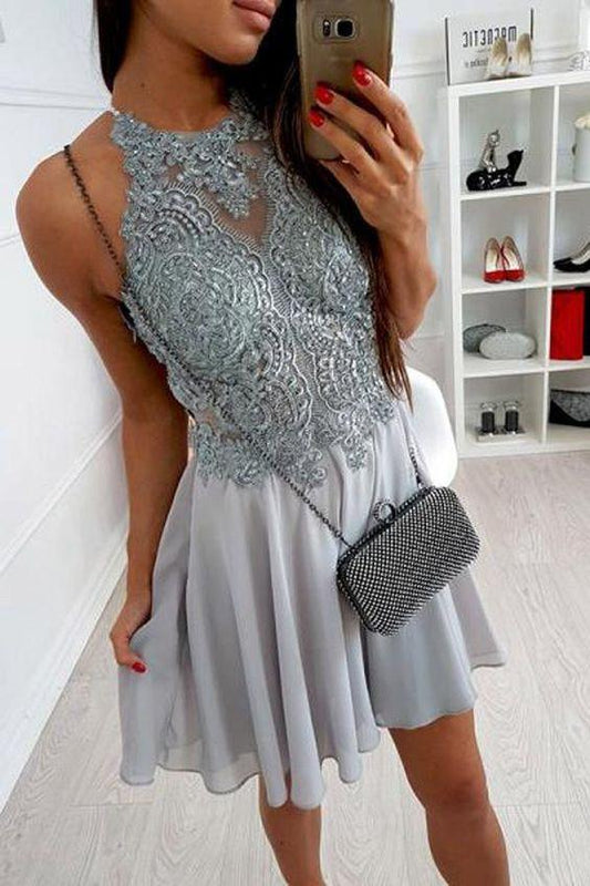 Appliqued Bodice Short Macy Homecoming Dresses Lace Chiffon Grey Formal Dresses CD1050