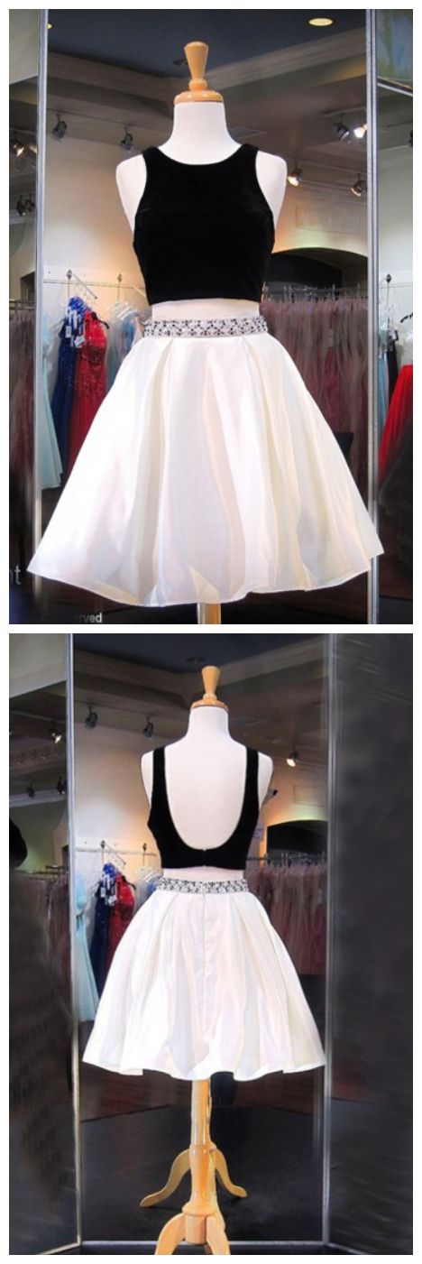 Two Piece Crew Knee-Length Backless With Beading Satin Homecoming Dresses Ivory Ruby CD10732