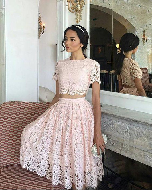 Round Lace Homecoming Dresses Amiah Two Pieces Neck Short Sleeves Knee Length CD1136