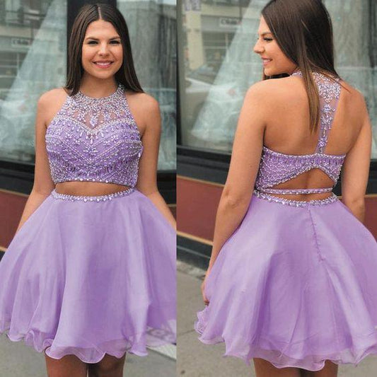 Purple Two Piece Dresses Short 2024 Beaded Halter Kayden Homecoming Dresses Sexy Lavender Graduation Dress DG11563