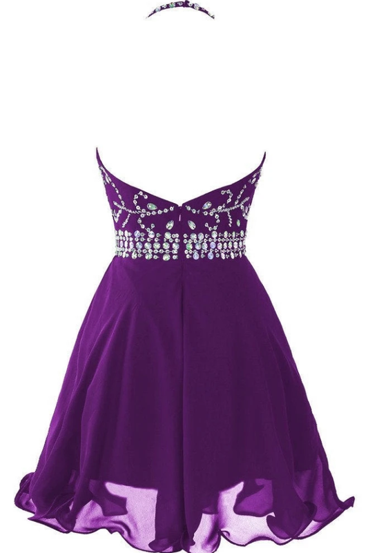 Beautiful Purple Mila Homecoming Dresses Chiffon Halter Beaded Knee Length Party Dress CD11704
