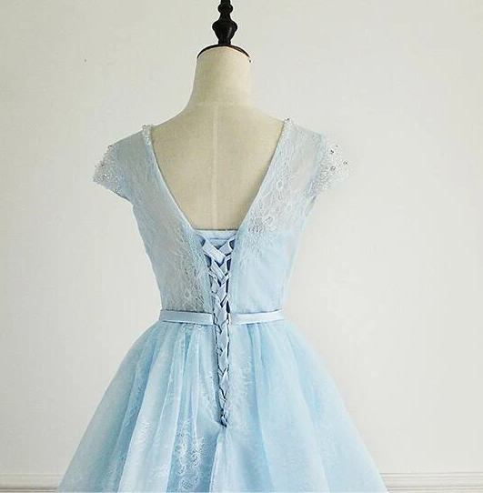 Light Blue Cap Sleeves Lace Homecoming Dresses Cara Cute Short Party Dress Blue CD12963