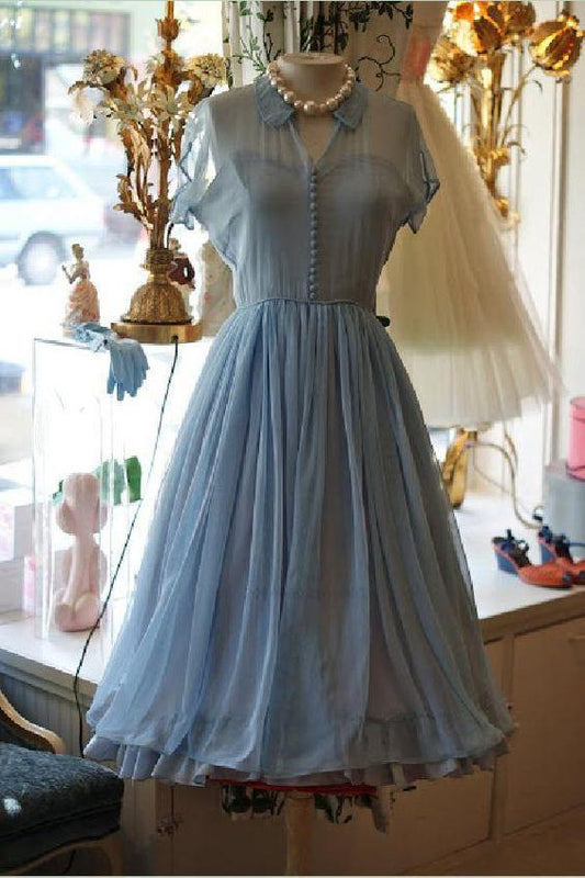 Light Dresses Elegant A-Line Doll Collar Short Sleeves Blue Vintage Style Dress Homecoming Dresses Chiffon Terri DG1623