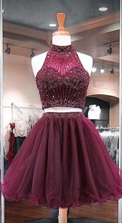 Burgundy Two Piece Beading Stylish Short Tulle Homecoming Dresses Siena Party Gowns CD1630