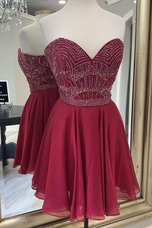 Beaded Sweetheart Wine Red Short Sweet 16 Dress Chiffon Homecoming Dresses Maisie CD16559