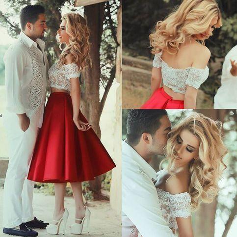 Two Piece Red Lace Homecoming Dresses Laurel Satin Off-The-Shoulder White Short Sleeve Tea-Length Party Dresses DG167