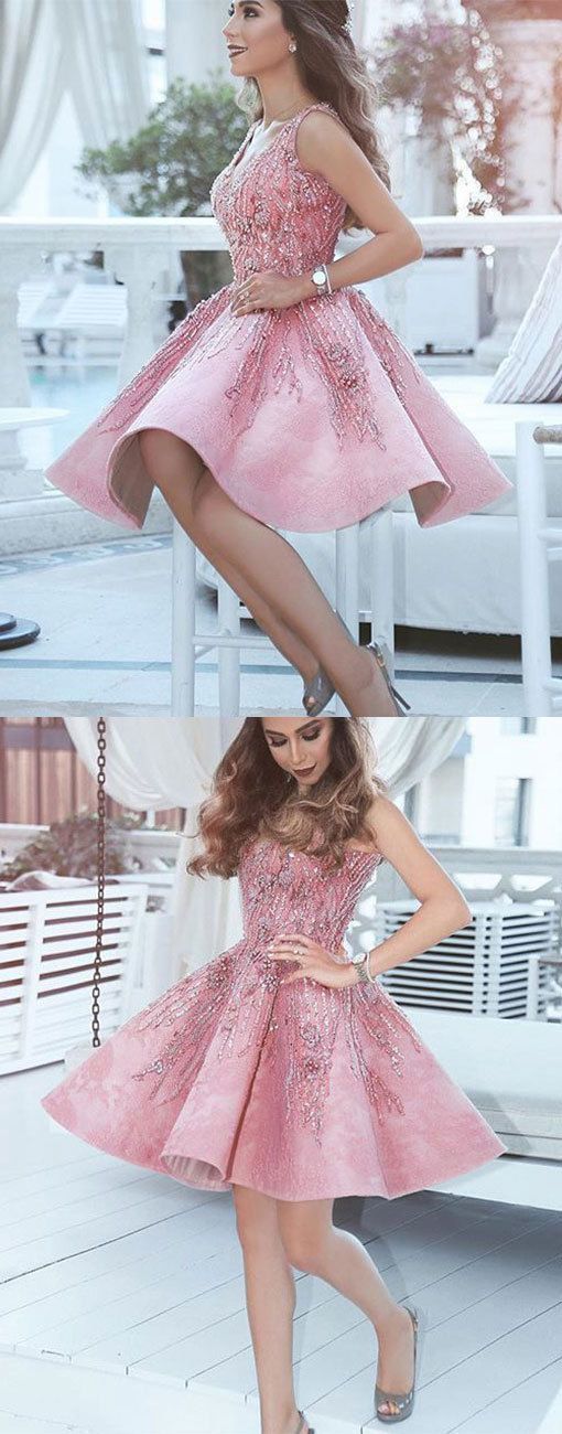 Beautiful Charming V Neck Short Kayden Pink Homecoming Dresses Dress With Beading Cute CD186