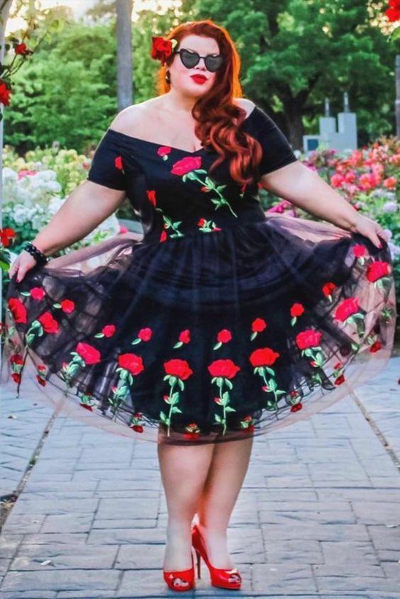Short Plus Size Off The Shoulder Black And Rose Floral Embroidered Homecoming Dresses Genesis CD19214