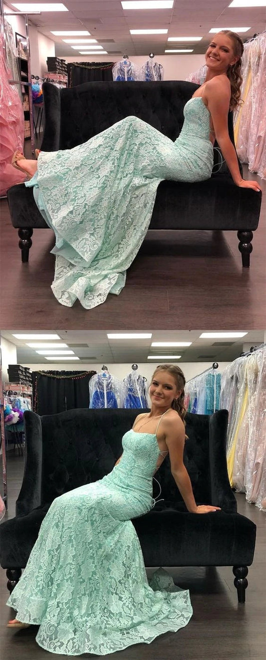 Mint Green Lace Spaghetti Straps Evening Dresses Mermaid Long Prom Dresses