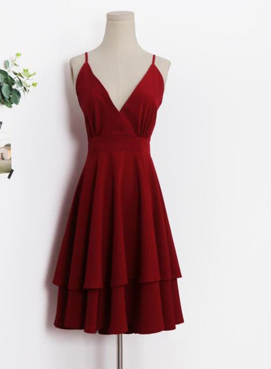 Beautiful Dark Red V-Neckline Layers Women Dresses Chiffon Mikayla Homecoming Dresses Fashion Women CD2088