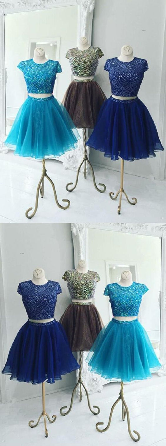 Beautiful Two Piece Stunning Two Piece Jewel Cap Sleeves Homecoming Dresses Stella Royal Blue Short Organza DG2135
