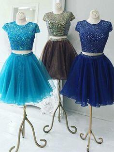 Beautiful Two Piece Stunning Two Piece Jewel Cap Sleeves Homecoming Dresses Stella Royal Blue Short Organza DG2135