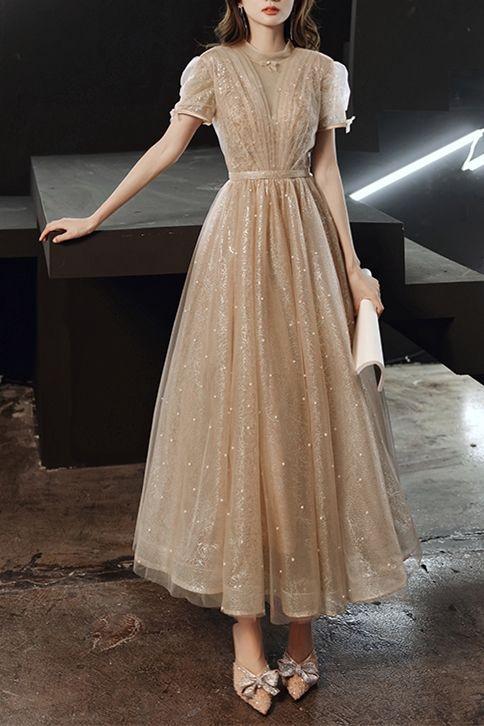 Vintage Kelsie Homecoming Dresses Style A-Line Champagne Party Dress Features With Short Sleeves CD22636