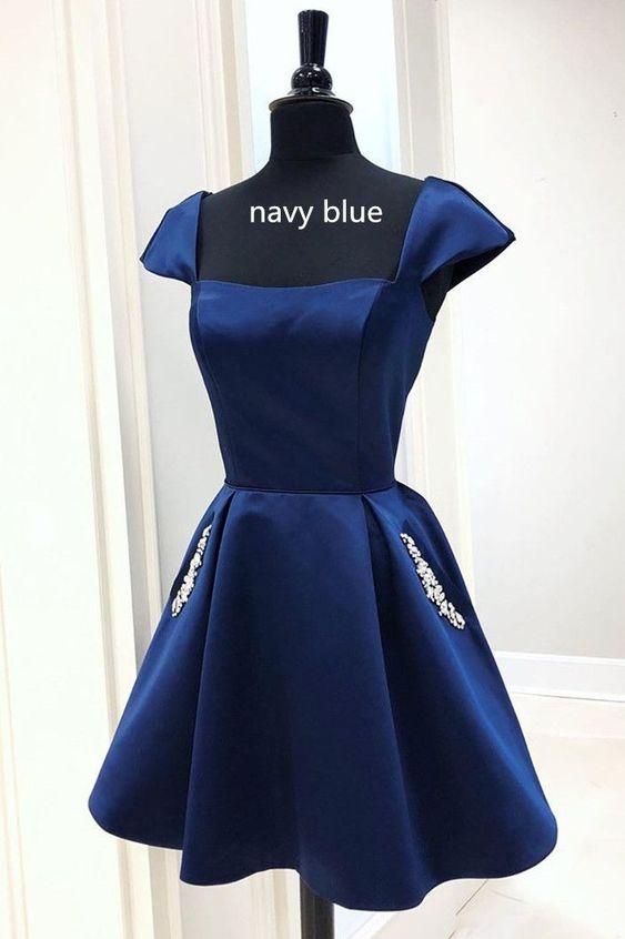 Navy Blue Short A-Line Poll Homecoming Dresses Satin With Cap Sleeves And Beaded Pockets CD23512